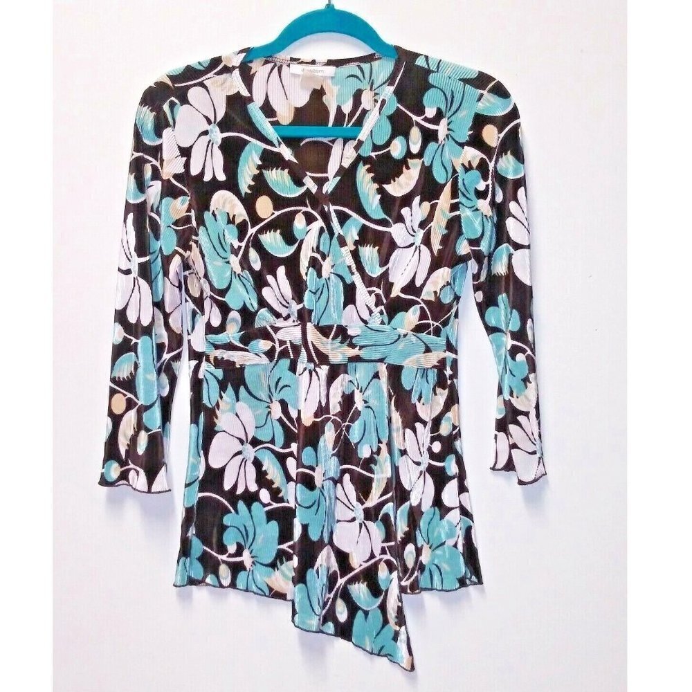 Womens Crinkle top blue brown floral print Sz M Made in USA Dressbarn wrap style